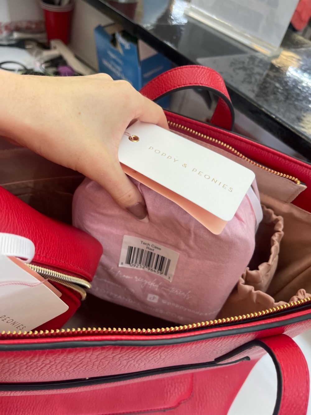 Poppy & Peonies Red Pebbled Leather Tote - Picture 8 of 10